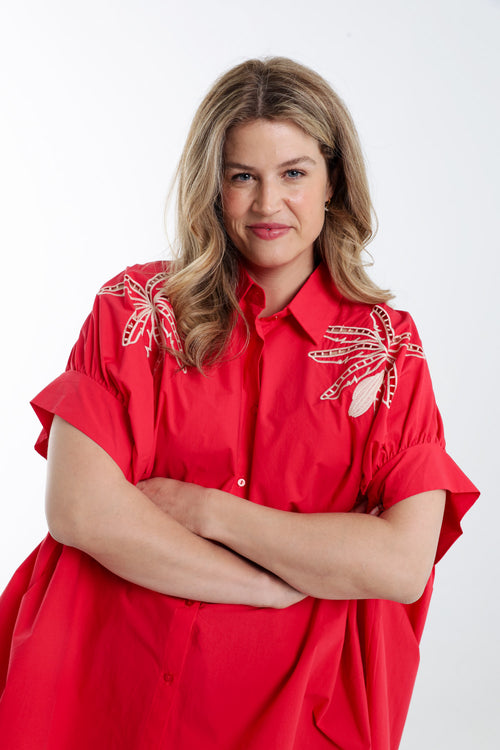 Chemise oversize en coton unie avec broderies-Paprika-5