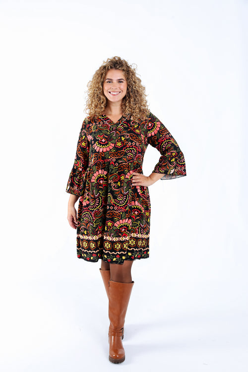 Robe courte en viscose imprimé folk-Paprika-1