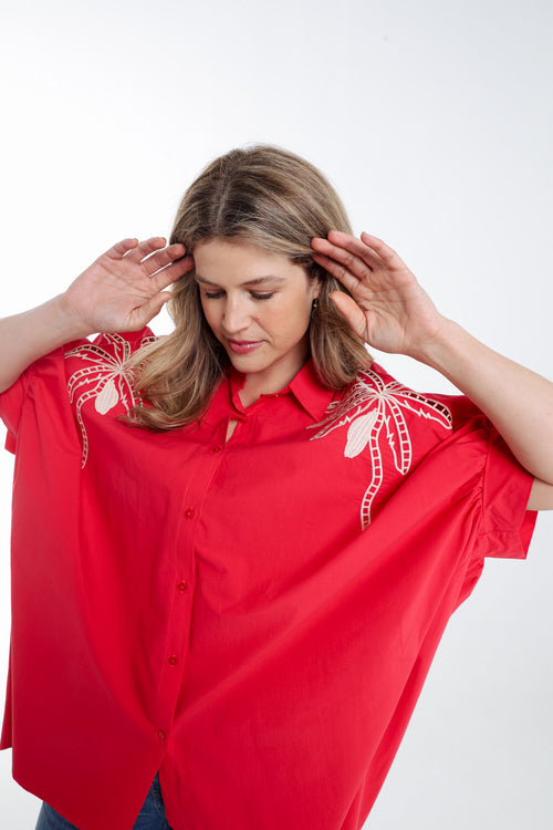 Chemise oversize en coton unie avec broderies-Paprika-4