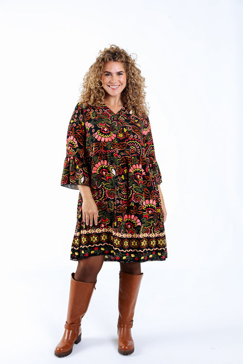 Robe courte en viscose imprimé folk-Paprika-2
