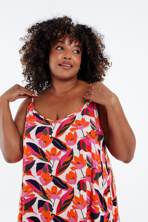 Robe longue en viscose fines bretelles imprimé floral-Paprika-3