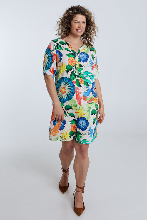 Robe tunique en lin et viscose imprimé floral-Paprika-8