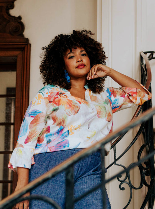 Blouse en lin imprimé floral-Paprika-1