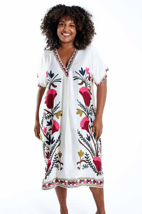 Jurk van bedrukte viscose in folkstijl-Paprika-1