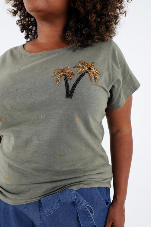T-shirt en coton avec palmier en sequins-Paprika-3
