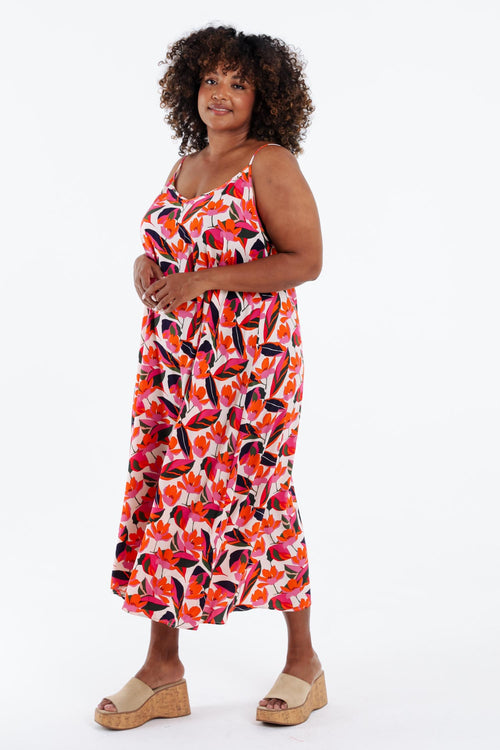 Robe longue en viscose fines bretelles imprimé floral-Paprika-7
