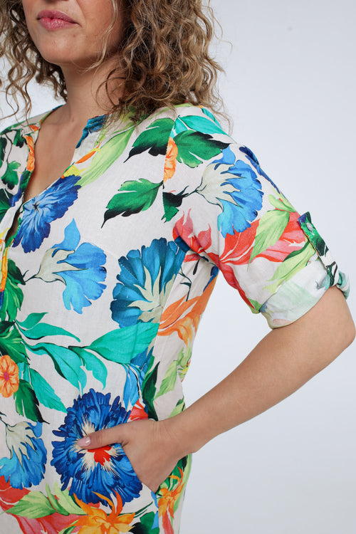 Robe tunique en lin et viscose imprimé floral-Paprika-5