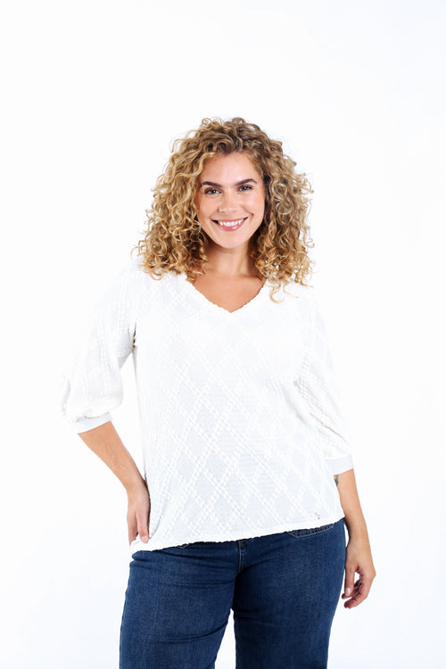 Effen T-shirt met reliëf ruitmotieven-Paprika-1
