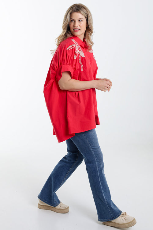 Chemise oversize en coton unie avec broderies-Paprika-8