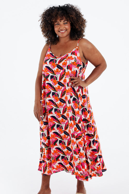 Robe longue en viscose fines bretelles imprimé floral-Paprika-1