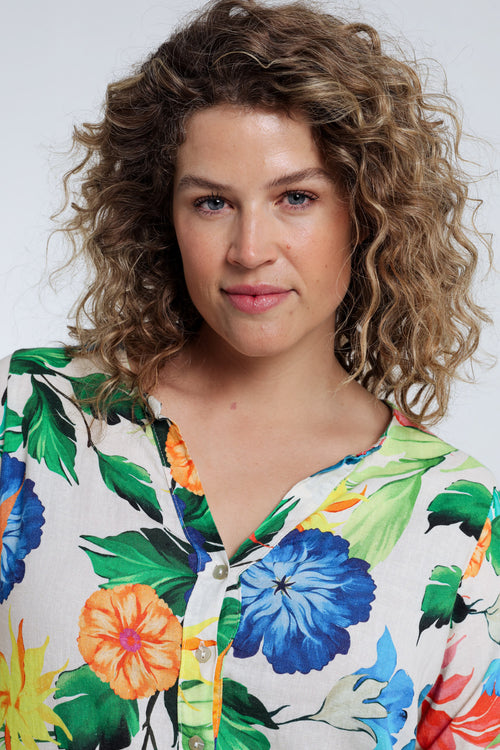 Robe tunique en lin et viscose imprimé floral-Paprika-3