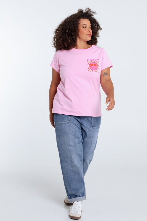 Effen katoenen T-shirt met zonafdruk-Paprika-9