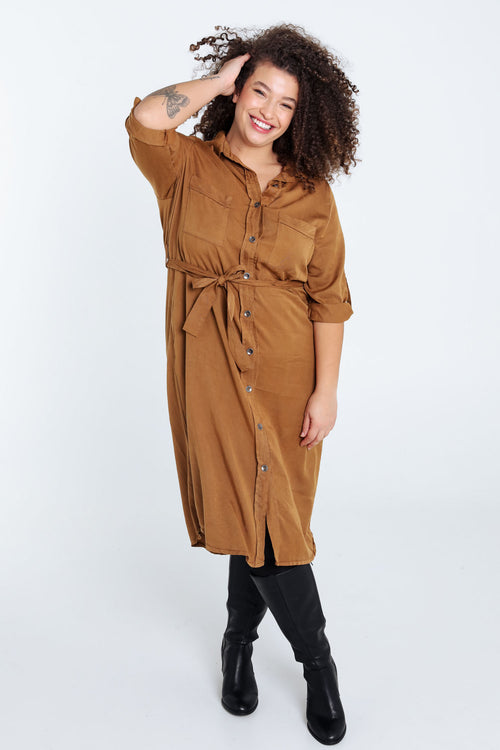 Halflange, effen tuniekjurk in tencel/linnen-Paprika-9