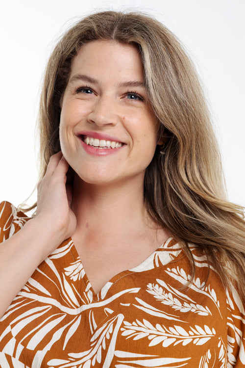 Blouse van bicolor bladprint viscose-Paprika-3