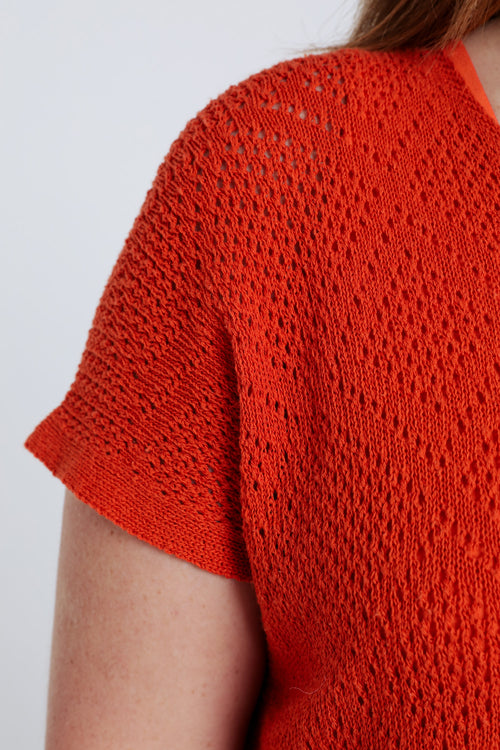 Pull boîte uni en coton ajouré-Paprika-5