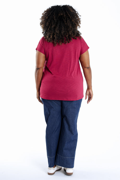 Effen katoenen T-shirt Enjoy met pailletten-Paprika-2