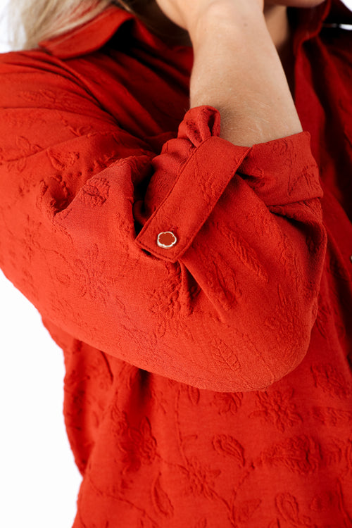 Effen overhemd met reliëf bloemenpatroon-Paprika-4