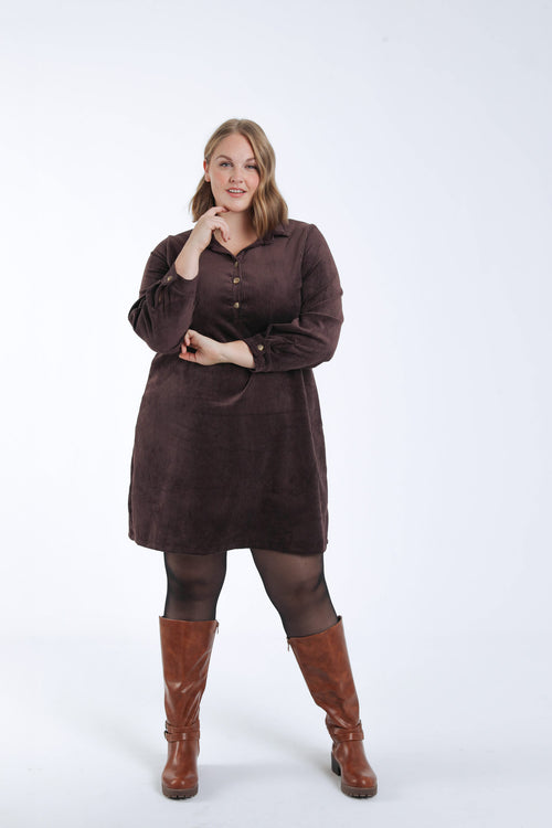 Effen korte jurk van ribfluweel-Paprika-1