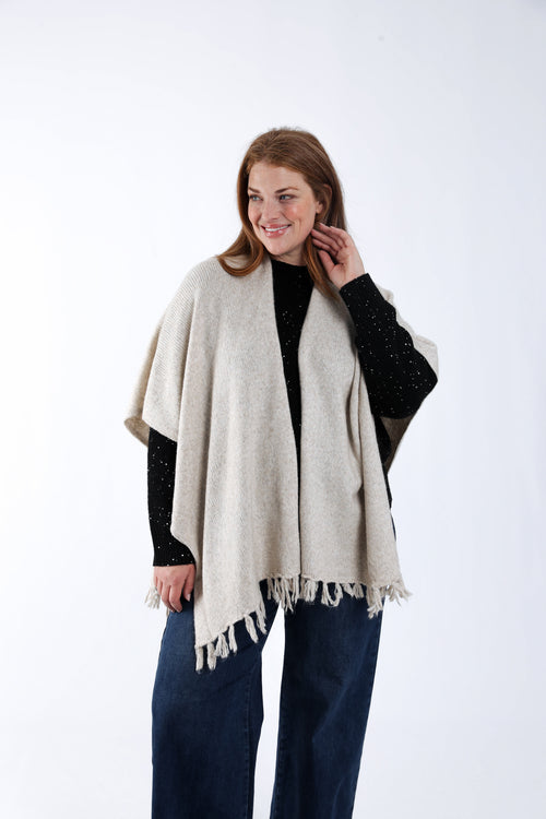 Effen poncho met franjes-Paprika-1