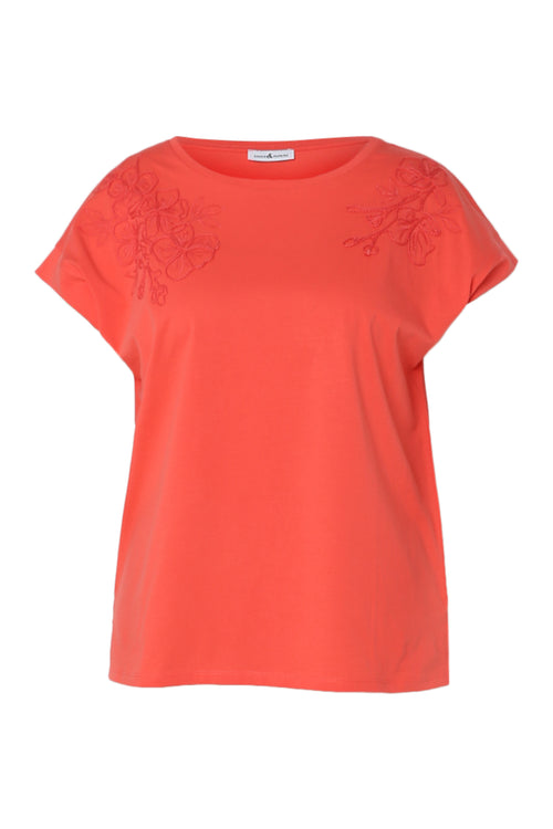 T-shirt en coton uni avec fleurs brodées-Paprika-10