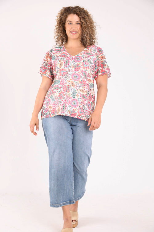 T-shirt van kant met print van Indiase bloemen-Paprika-8