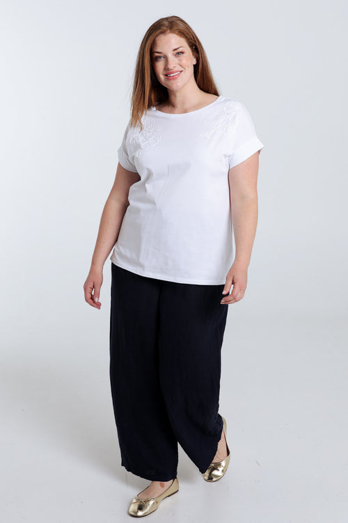 Effen katoenen T-shirt met geborduurde bloemen-Paprika-7