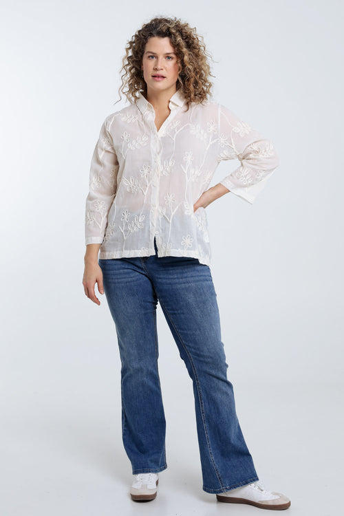Chemise en coton unie avec fleurs brodées-Paprika-7