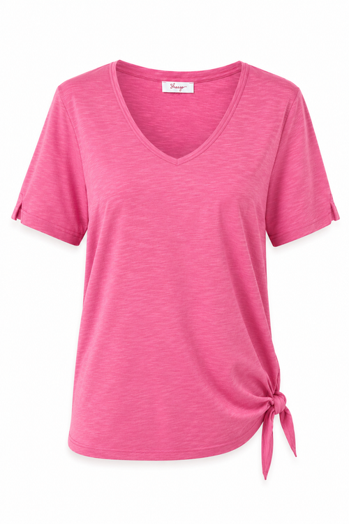 T-shirt en viscose et coton uni avec noeud-Paprika-1