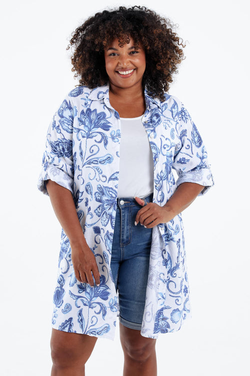 Chemise longue en lin imprimé fleurs indiennes-Paprika-1