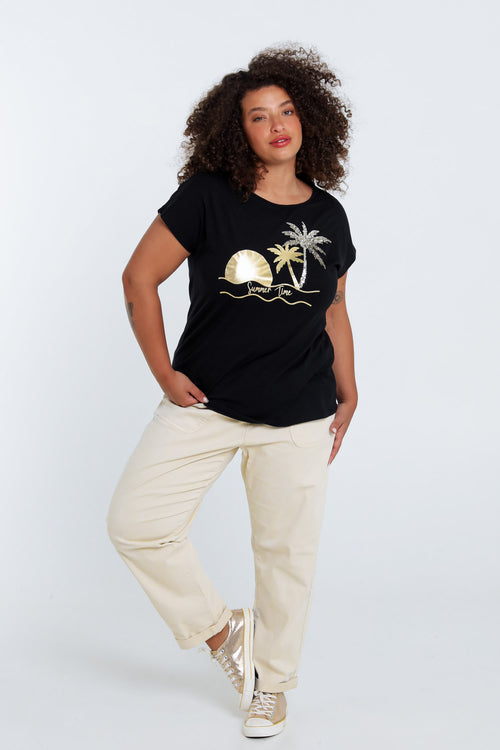 T-shirt van katoen met folieprint van palmbomen en pailletten-Paprika-8