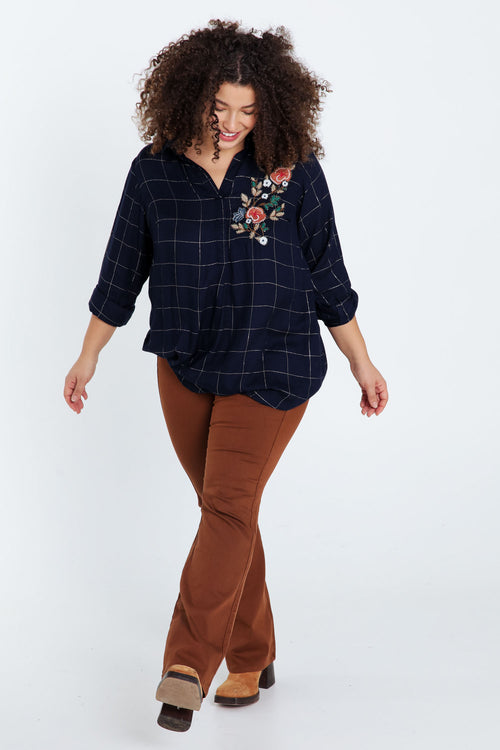 Lange, geruite blouse in viscose met borduurwerk-Paprika-10