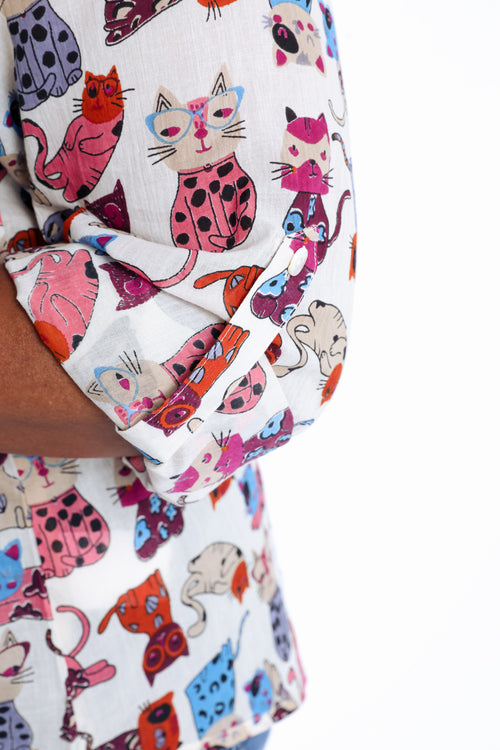 Blouse van katoen met kattenprint-Paprika-6