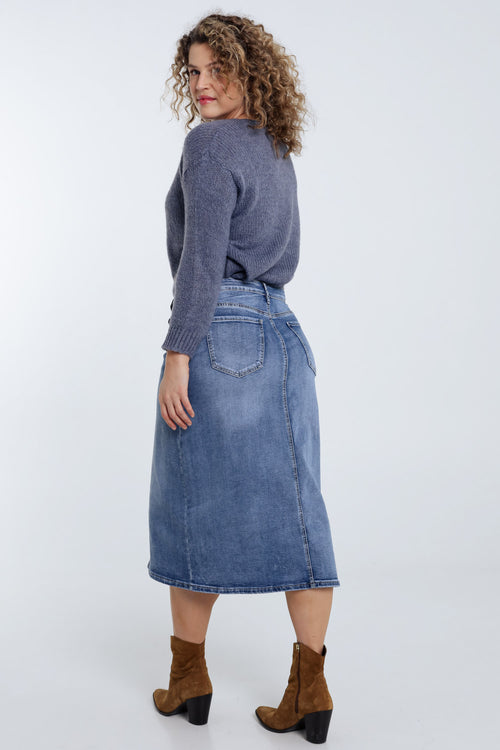 Halflange, effen rok met split vooraan en 5 zakken-Paprika-2