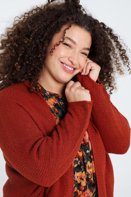 Lange, effen cardigan in rijstkorrel-Paprika-3
