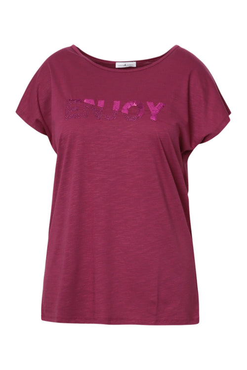 Effen katoenen T-shirt Enjoy met pailletten-Paprika-10