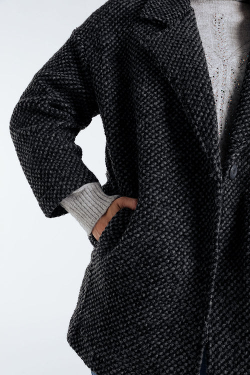 Korte, effen jas in gespikkelde stof met wol-Paprika-6