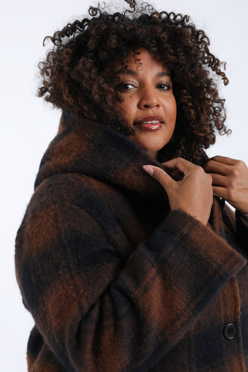 Wollen mantel met ruitpatroon en capuchon-Paprika-7