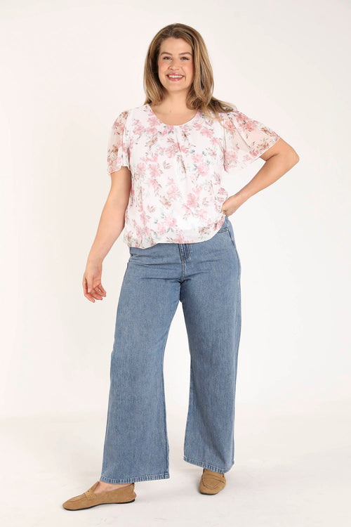 T-shirt en résille imprimé fleuri-Paprika-7