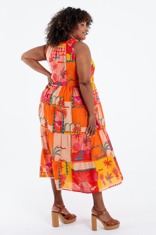 Robe en coton imprimé patch tropical-Paprika-2