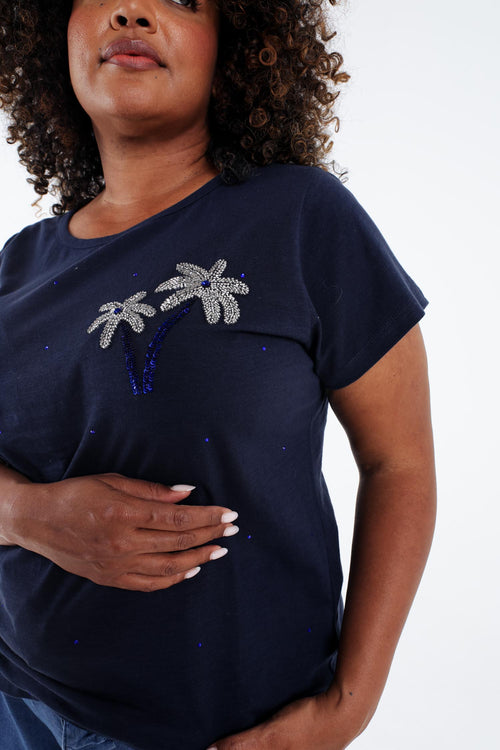 T-shirt van katoen met palmbomen in pailletten-Paprika-6