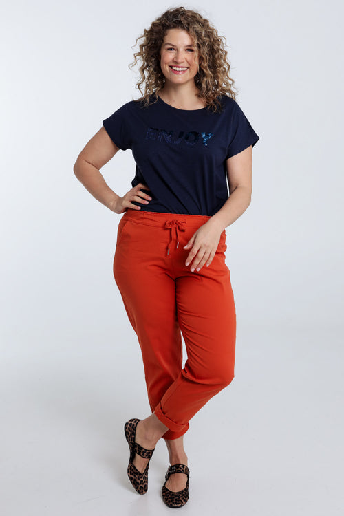 T-shirt uni avec broderie Enjoy et sequins-Paprika-8