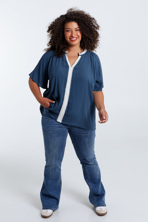 Effen viscose blouse met macramé-Paprika-7
