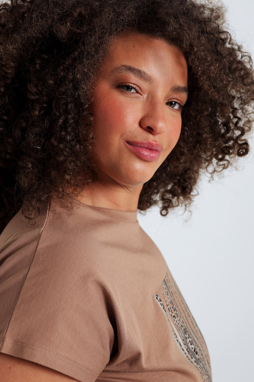 T-shirt uni en coton avec imprimé foil et léopard-Paprika-5