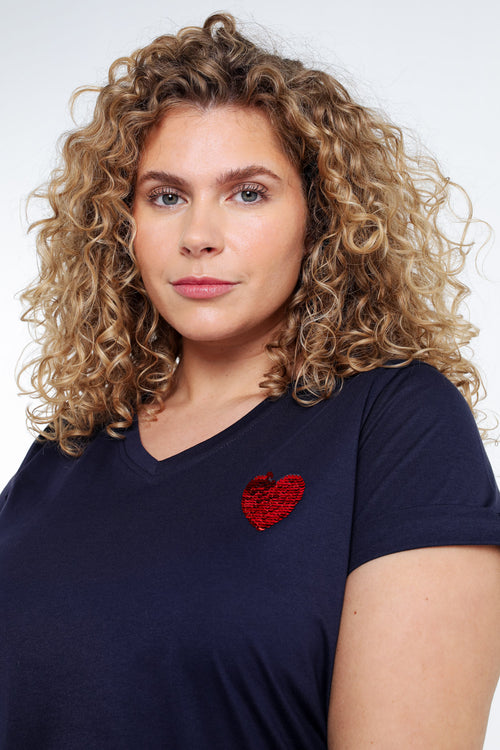 T-shirt en coton uni avec coeur en sequins-Paprika-6