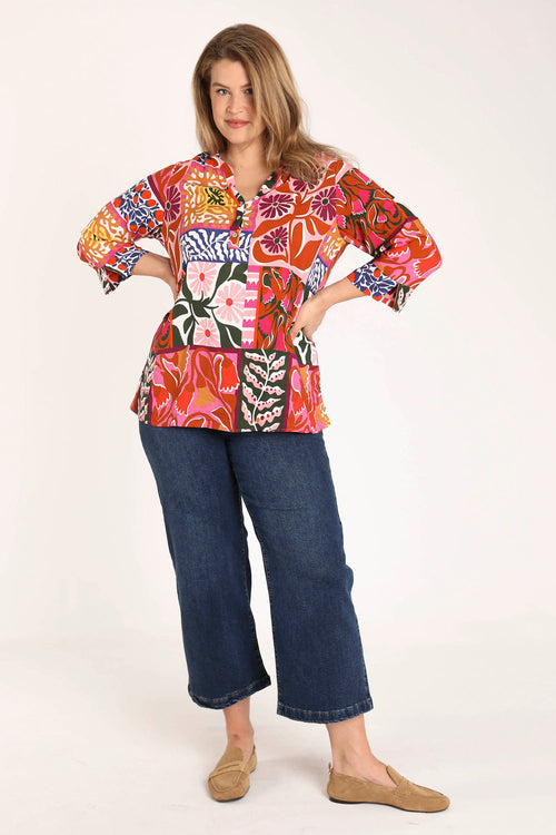Blouse en viscose imprimé patchwork fleuri-Paprika-8