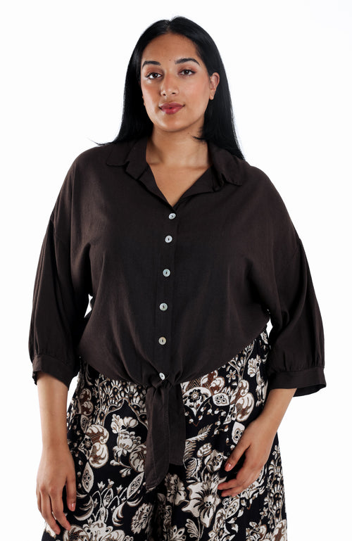 Chemise à nouer en lin et viscose unie-Paprika-1