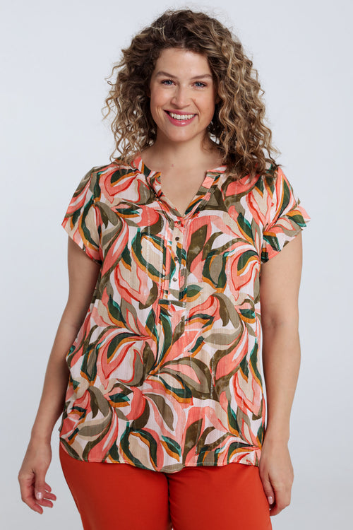 Blouse van viscose met bladerenprint-Paprika-1