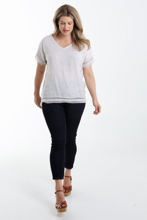 Blouse van effen linnen met sequindetails-Paprika-7