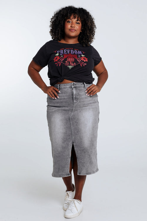 Halflange, effen rok met split vooraan en 5 zakken-Paprika-7