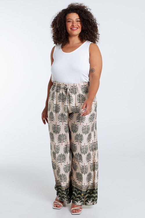 Pantalon effet satin imprimé palmier-Paprika-7